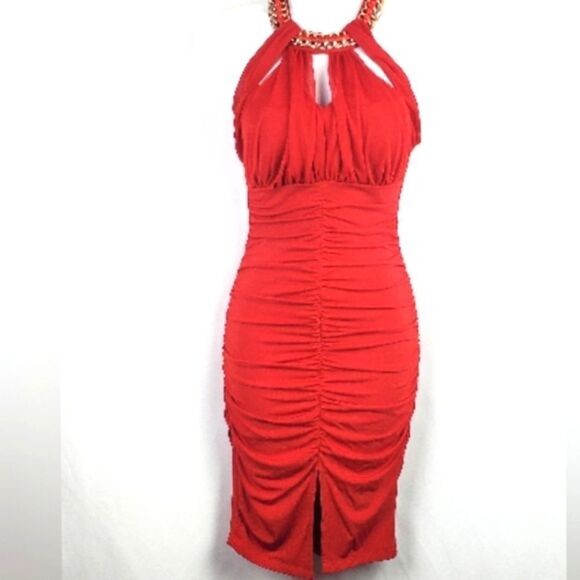SEXY Red Dress with Gold Chain Accent - Picture 2 of 7